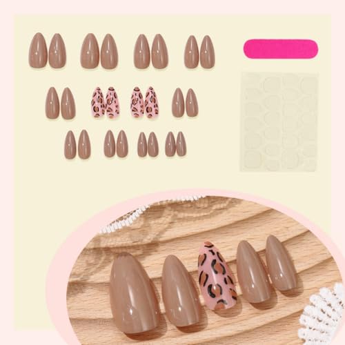 Image of Fall Press on Nails Leopard Print Fake Nails Pure Color False Nail Glossy Full Cover Glue on Nails Reusable Artificial Acrylic Stick on Nail for Women Girls Manicure 24Pcs