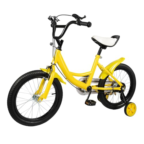 MIUKYUI Bicicleta infantil de 16 pulgadas, bicicleta a partir de 5 – 8 años para niña, color amarillo, bicicleta infantil con guardabarros y freno delantero y trasero combinado, de acero al carbono de