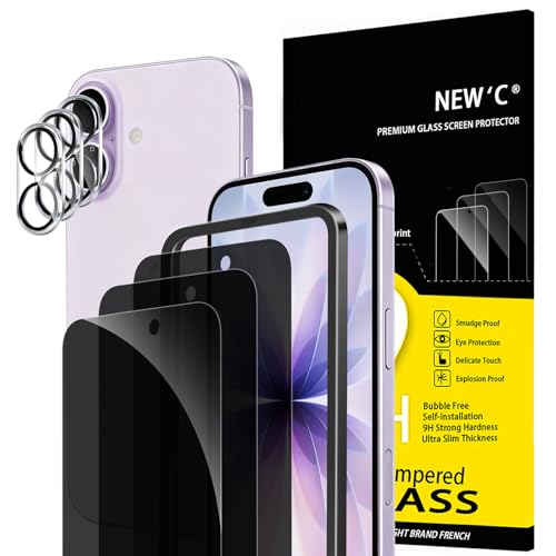 Image of NEW'C 3x Privacy Screen Protector for iPhone 17 (6.3 inches)+ 3x Camera Lens Protector, Sensor Protection, Case Friendly Tempered Glass Film, Ultra Resistant, Easy installation tool included