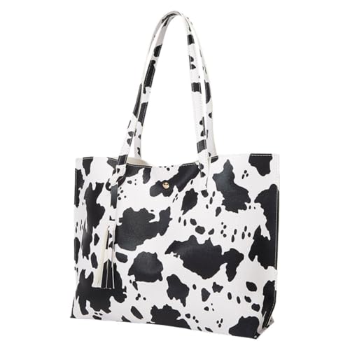 PATKAW Bolsa de Mano Gran Capacidad y Borlas, Diseño de Vaca, Material Sintético Texturizado, para Mujer Casual, Escuela y Paseo, Ligero y Cómodo