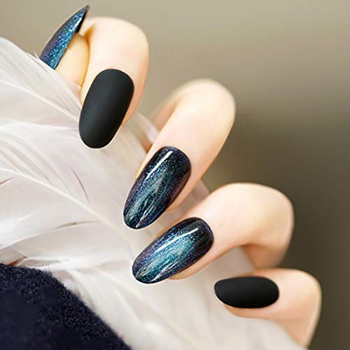 Abien Matte Press on Nails Cat Eyes Blue Long Fake Nails Oval Full Cover Artificial Nail Tips for Women and Girls (24Pcs)