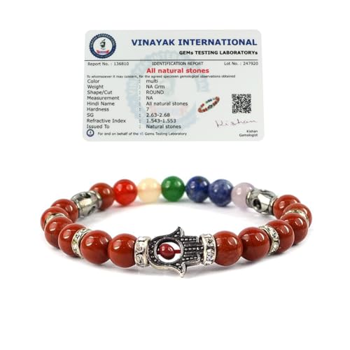 Image of Reiki Crystal Products Certified Natural Crystal Stone 7 Chakra with Hamsa 8 mm Round Beads Bracelet for Men & Women | Reiki Charged Gemstone Bracelet | Multiple Stone Variants Available