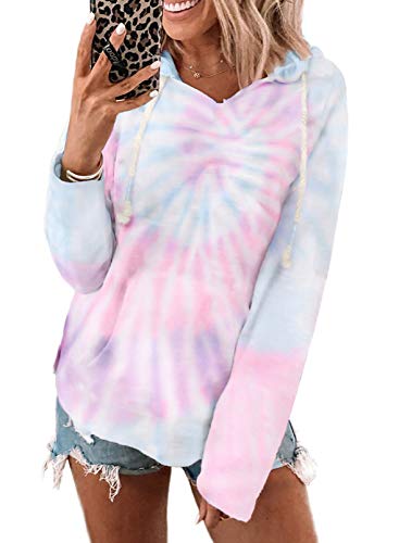 EVALESS Women Top Tie Dye Long Sleeve Pullover Sweatshirts Drawstring Hoodies Pink M 8 10
