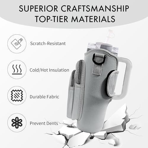 Image of Water Bottle Carrier Bag with Phone Pocket for Stanley Cup 40 /30 oz, Water Bottle Holder with Adjustable Strap& Straw Cover, Stanley Cup Accessories (Grey)