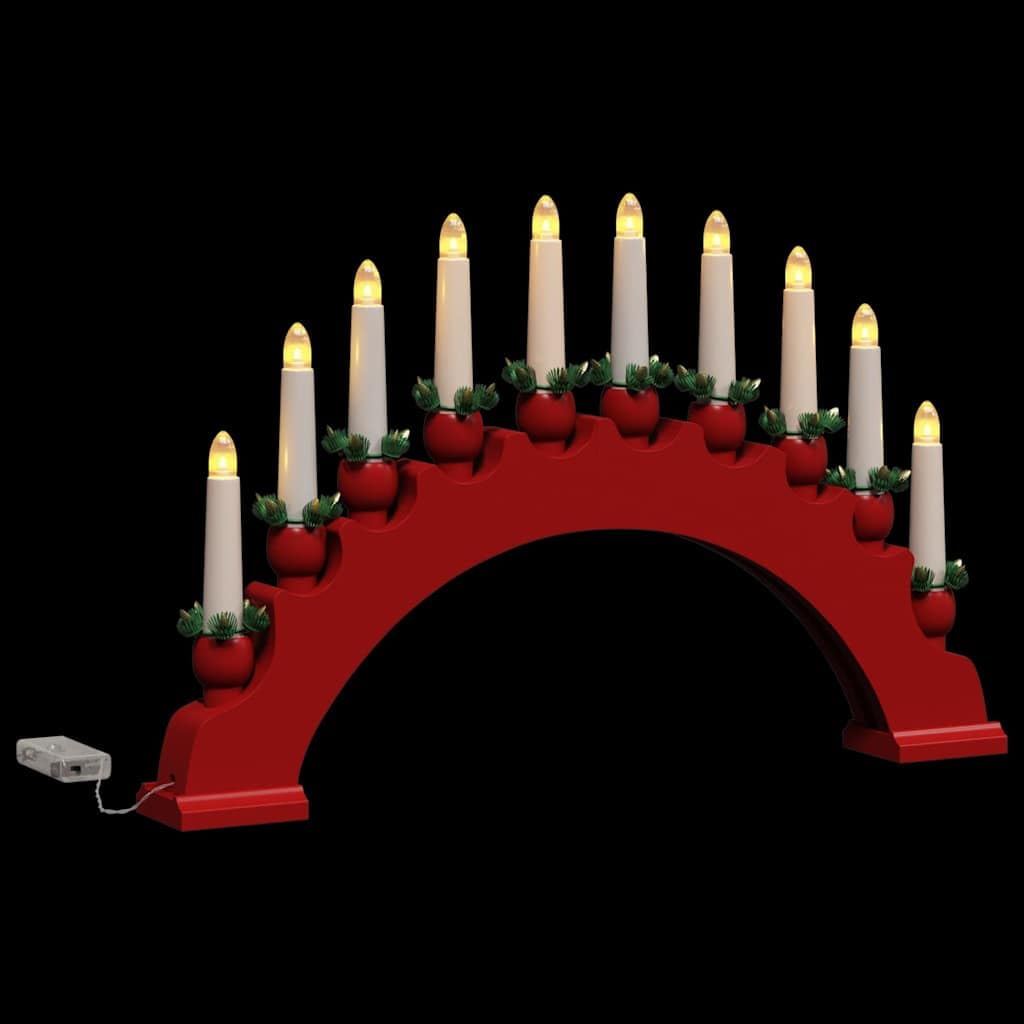 Arco de velas de Navidad de pino macizo con 10 velas LED blanco cálido, 3 unidades, color rojo, funciona con pilas, para alféizar de la chimenea, iluminación festiva de Navidad y acogedor