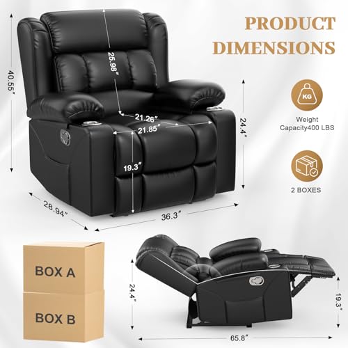 FURNIMAT Recliner Chair, Oversized Manual Reclining Chair for Adults, Single Reclining Sofa with Cup Holder & Pocket, Lounge Recliner for Living Room Home Theater Seating RV Chairs