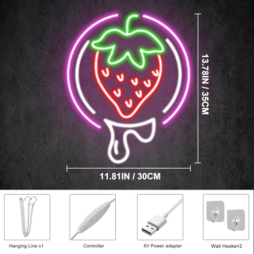 Image of Strawberry Neon Sign Fruit Neon Light USB Dimmable neon Restaurant Bar Club Home Wall Decor Gift, Strawberry Lover, Drink Led light for Wall Decor, Party, Christmas, Wedding, Kawaii art