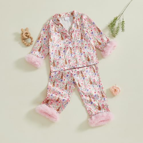 MAINESAKA Toddler Girl Button Down Pajamas Set Cute Bow Print Feather Trim Long Sleeve Sleep Shirt + Pants Set Girls Fall Pjs2