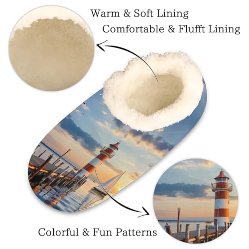 Sunset Lighthouse House Slippers for Women Men, Sea Seagull Fuzzy Soft Cozy Non Slip Slipper Socks2