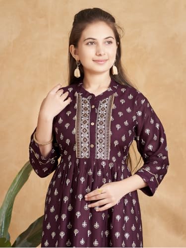Image of Aarika Girls Ethnic Wear Wine Colour Foil Print Rayon Kurti Pant Set