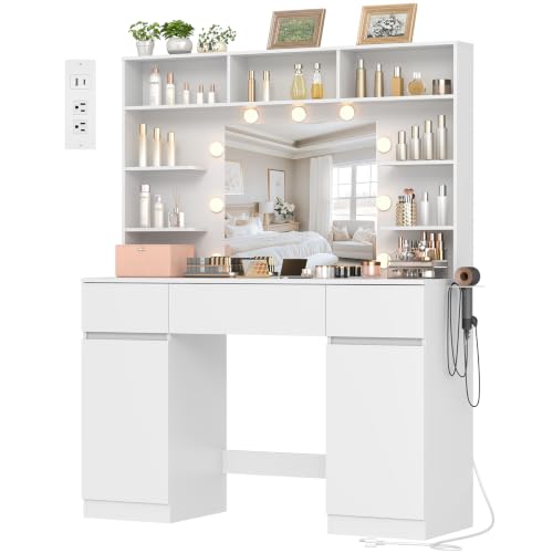 Image of Vanity Desk with Mirror and Lights,43 inch Makeup Vanity Table with with 2 Cabinets and 3 Drawers, Power Outlet & Adjustable LED Lights, Dressing Table for Bedroom,White