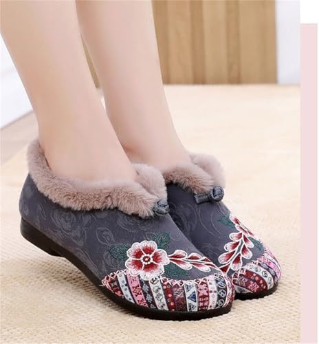 Women's Soft-Soled Non-Slip Warm Cotton Boots, Floral Embroidered Warm Plush Lined Indoor Outdoor Cozy Booties Flat Loafers2