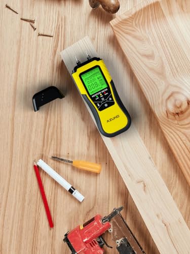 AZUNO Wood Moisture Meter, Pin-Type Damp Meter with 8 Modes, Digital Water Leak Tester with Backlit LCD Display Three Colored Indicators for Wood Wall Dampness Inspection