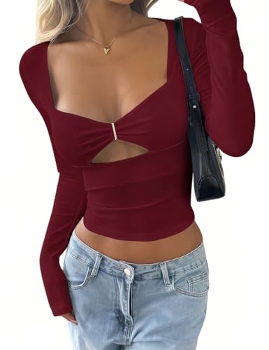 Image of FAIMILORY Women's Trendy Holiday Long Sleeve Sweetheart Neck Going Out Crop Tops Cute y2k T Shirts Slim Fitted Corset