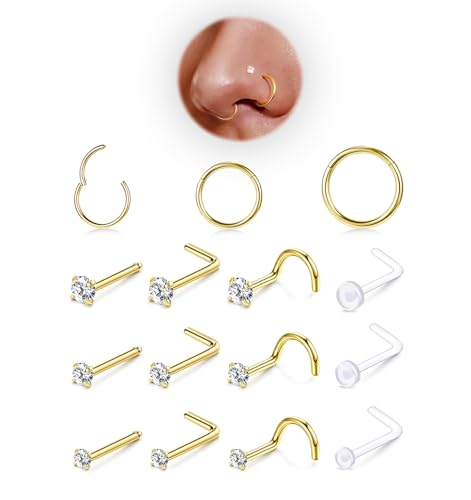 Hypoallergenic 14K Gold Plated Nose Rings Studs Set for Women Men:316L Stainless Steel Clicker Nose Rings,Dainty CZ L Shaped/Corkscrew/Straight/Clear Nose Studs,Nostril Piercing Jewelry 15PCS
