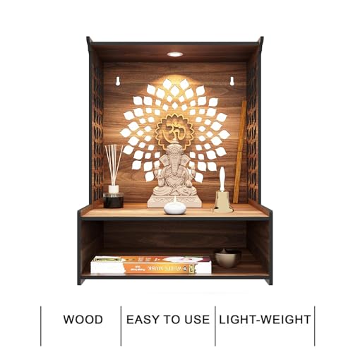Puzzle Berry Wall Mounted Wooden Pooja Mandir for Home & Office with LED Spot Light, Big Size Temple, Pooja Stand with Door, Devghar, God Temple for Home, Wall Shelf, (Mandir Design 2)