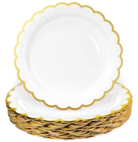 Image of HEIPINIUYE 50 Pieces White Paper Plates with Gold Foil 7 Inch Disposable White Scalloped Dinner Plates for Wedding Baby Shower Birthday Party Dessert Plate