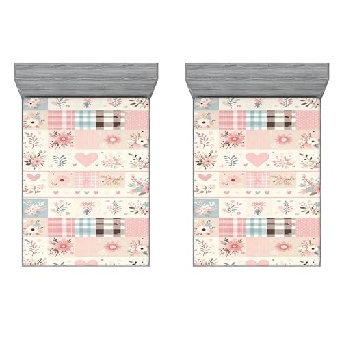 Ambesonne Romantic 2 Pack Fitted Sheet, Scandi Leaves Floral Art, Bed Cover All-Round Elastic Deep Pockets 2 Pieces, Package Contains 2 Full Size Fitted Sheets, Blush Beige Slate Blue