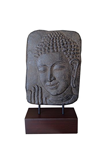 Buddha Face Relief Sculpture Antique Finish on Faux Wooden Base ~12" High