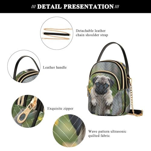 Sling Bag for Women Pug Garden Print, Fashion Crossbody Handbags Purse with Chain Strap Top handle 5.91×3.15×8.27 Inches4