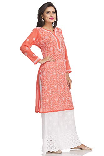 Image of Ada Lucknow Chikankari Hand Embroidered Faux Georgette Kurta Kurti Tunic Dress for Women A95504