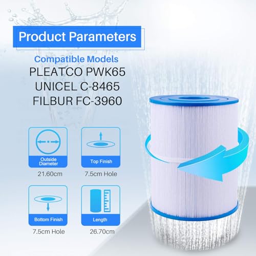 POOLPURE Hot Tub Filter Replacement for Unicel C-8465, Pleatco PWK65, Filbur fc-2390 Hot Springs Filter Spa filter (invoice available)