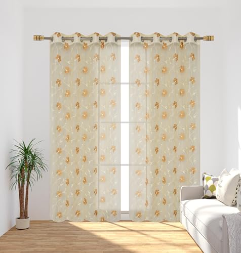 Image of Homefab India Embroidery Floral Net Transparent Sheer Curtain - 7X4 Feet, Door Curtains, Beige, Pack of 1 Pc