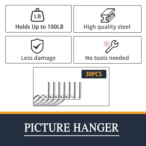 Image of Picture Hanger Super Hook 30PCS,High-Quality Steel Picture Hanger Hercules Hooks,Used for Drywall, Wood Wall, Plaster Wall, can Hang Photos, Art, Clock, Mirror