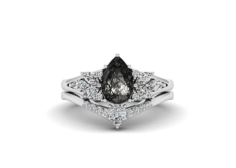 Vintage black Gold Stacking Ring with pear rutilated quartz– Classic Engagement Ring Set,anniversary ring set,art deco womens ring promise ring2