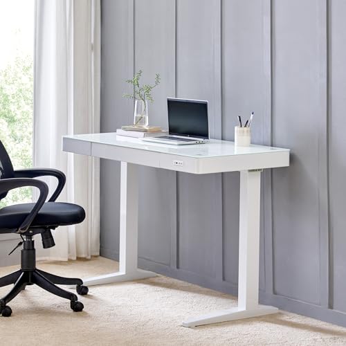 Image of Home Centre | Trooper Tempered Glass Top Smart Study Desk | Study Table for Home Office | Metal | White | 1 Year Warranty