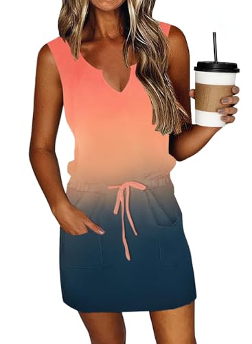 Image of SAUKOLE Womens Sleeveless T Shirt Dresses Casual Cute Floral Print Short Dress Summer Fashion Front Pockets