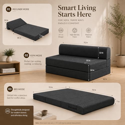 Image of Rhythm Foldable Sofa Cum Bed | 4 Seater Sofabed with 2 Cushions High-Density Foam 3-in-1 Convertible Sofa Cum Bed for Living Room & Bedroom | Jute Fabric Washable with 3 Years Warranty (72x72)