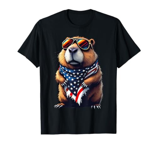 Funny Capybara USA Graphic Tee American Flag 4 of July T-Shirt
