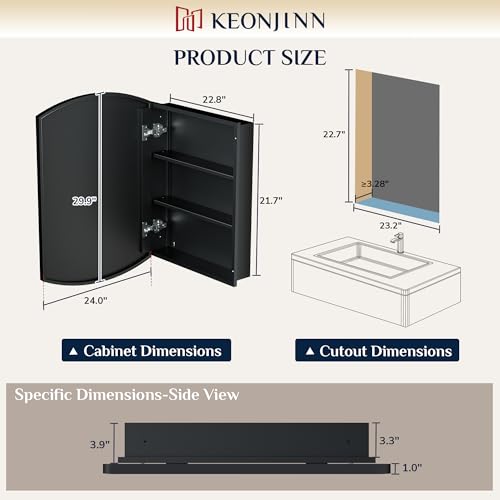 Image of Keonjinn Black Medicine Cabinet with Mirror 24 inch x 30 inch, Adjustable Shelves