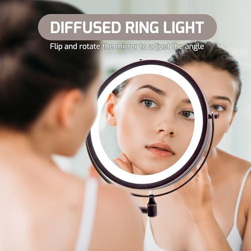 Image of OVENTE 9 inch Wall Mounted Lighted Makeup Mirror, Antique Bronze MFW85ABZ1X10X | Cordless Double Sided 1X /10X Magnifying Mirror for Bathroom with LED Lights, 360 Rotation, Extendable Arm, Battery Operated