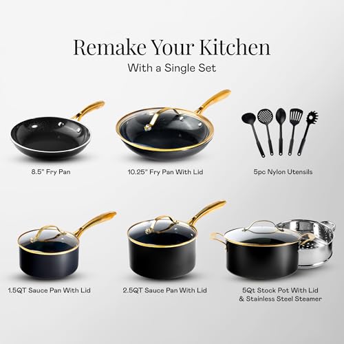 Image of Gotham Steel 15 Pc Ceramic Cookware Set Nonstick, Ceramic Pots and Pans Set Non Stick with Steamer & Cooking Utensils, Non Toxic PFOA PFOS Free, Premium Stay Cool Handles, Oven & Dishwasher Safe