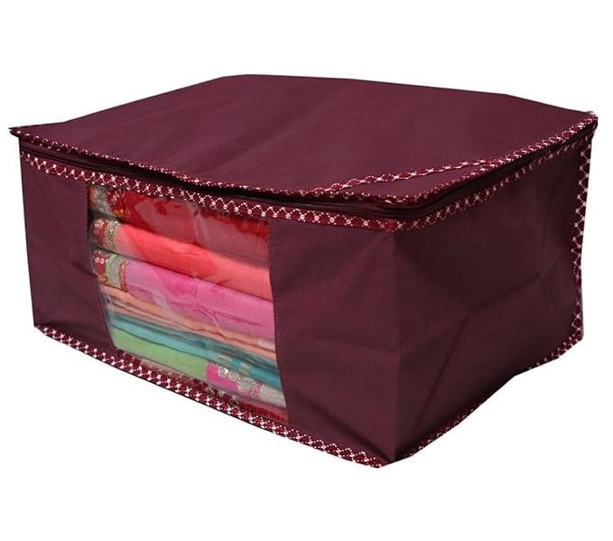 Image of Kozdiko Non Woven Maroon Color Plain Design Clothes Cover with Transparent View and 2 Zips for Saree, Clothes Covers, Bed Sheets Etc Wardrobe Organizer Storage Bag (14)