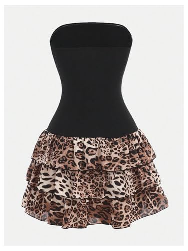 Verdusa Girl's Y2K Leopard Tiered Layered Ruffle Dress Strapless Backless Short Dresses2