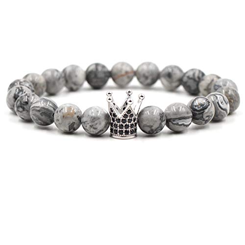 Pulsera Abalorios Mujer, Onyx Piedra Pulsera Brazalete de Corona de Piedra de Ágata de 8 MM Longitud 19CM