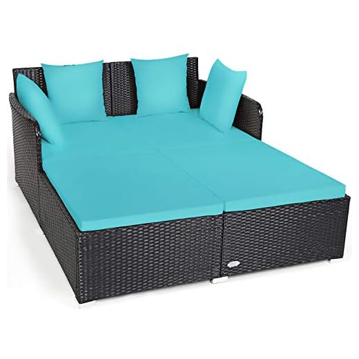 Tangkula Outdoor Rattan Daybed, Sunbed Wicker Furniture w/Spacious Seat, Upholstered Cushion & High-Resilience Sponge, Wicker Patio Sofa Set w/Extra Pillows for Courtyard Poolside(Turquoise)
