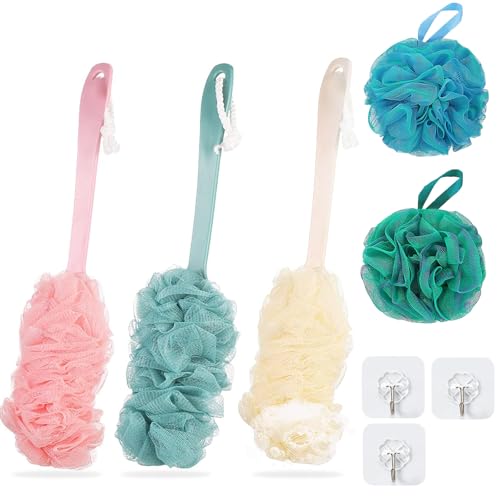 Eponge de Douche avec Manche, Lot de 5 Eponges de Bain, Brosse de Douche à Long Manche, avec 3 Crochets, pour le dos, Brosses de Massage Exfoliantes pour le...