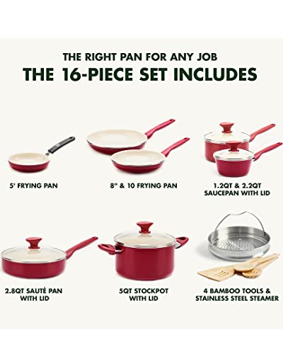 Image of GreenPan Rio Healthy Ceramic Nonstick 16 Piece Cookware Pots and Pans Set, PFAS-Free, Dishwasher Safe, Red