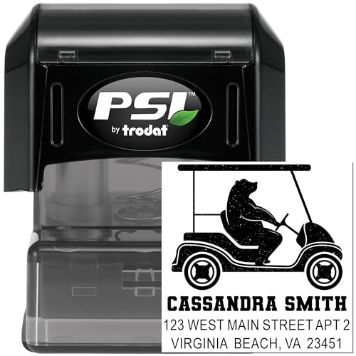Image of Custom Made Pre Inked Address Stamp Bear Golf Cart - for Shipping Labels | Choice of 5 ink colors. Custom Inked Rubber Stamp. Pet Family Golf Address Stamp. Engraved after you order. Oil-based ink.