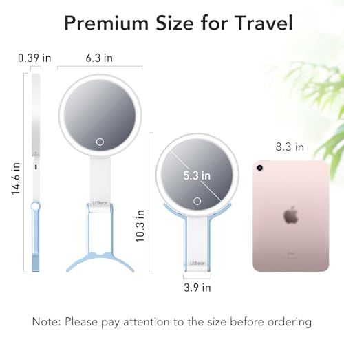 Image of LitBear Travel Makeup Mirror with Lights, Rechargeable Double-Sided 10X /1X Magnifying Mirror, Portable Lighted Beauty Mirrors, 3 Color Lighting, Dimmable Touch Screen, Tabletop Handhold Hanging (Blue)