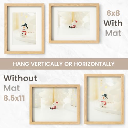 Image of 8.5x11 Picture Frame, USA-Sourced Natural Oak Wood Photo Collage Frame with HD Tempered Glass, Modern Simple 8.5x11 Wooden Frame Matted to 6x8, Gallery Wall Frames for Art, Wall or Tabletop Display
