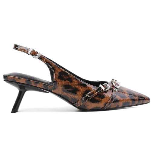 Image of Mostrin Kitten Heels for Women Pointed Toe Pumps Patent Leather Low Heel Slingback Heels with Buckle Dress Shoes for Dating Party Working