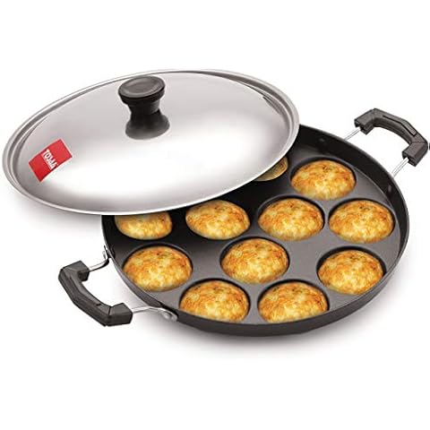 TOSAA 12 Cavity Appam Patra Side Handle with Lid, 23 cm, Black Cover