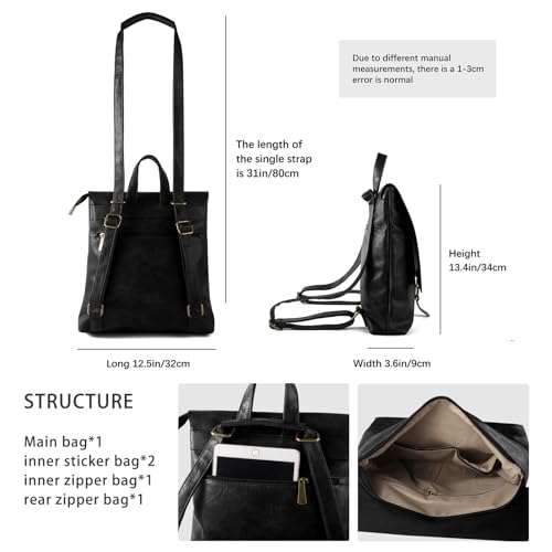 Image of Women's Fashion Backpack Purse Multipurpose Design Convertible Satchel Handbags Shoulder Bag Travel bag (Black)