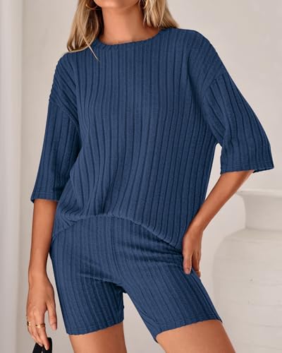 Image of KIRUNDO Short Sets For Women Summer 2 Piece Matching Lounge Sets Casual Rib Knit Tshirts Biker Shorts Beach Vacation Outfits