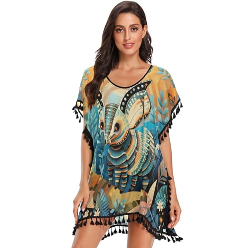 Forest Animal Cute Armadillo Women's Beach Cover Up Chiffon Tassel Swimwear Swimsuit Coverups for Girl